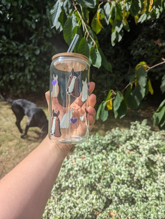 Personalised Glass Can Cup with Bamboo Lid & Straw Horse