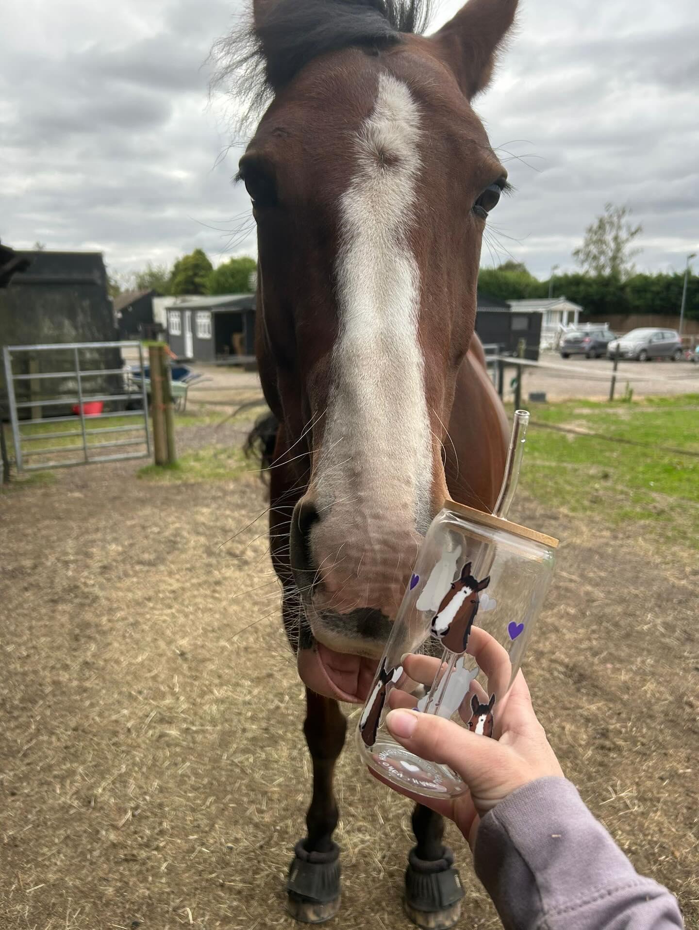 Personalised Glass Can Cup with Bamboo Lid & Straw Horse