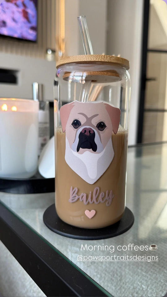Personalised Glass Can Cup with Bamboo Lid & Straw Large Design