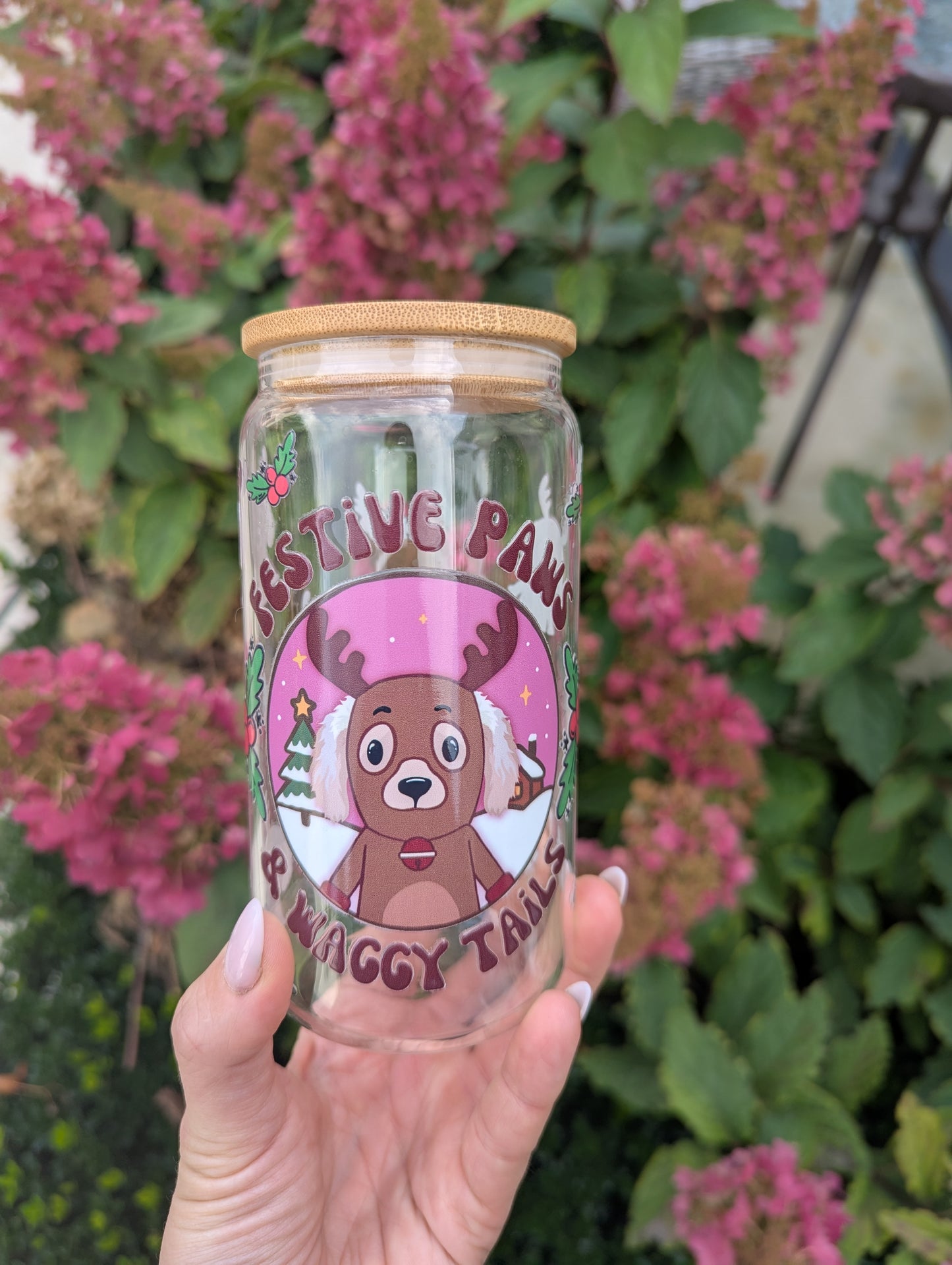 Personalised Reindeer Glass Can Cup with Bamboo Lid & Straw