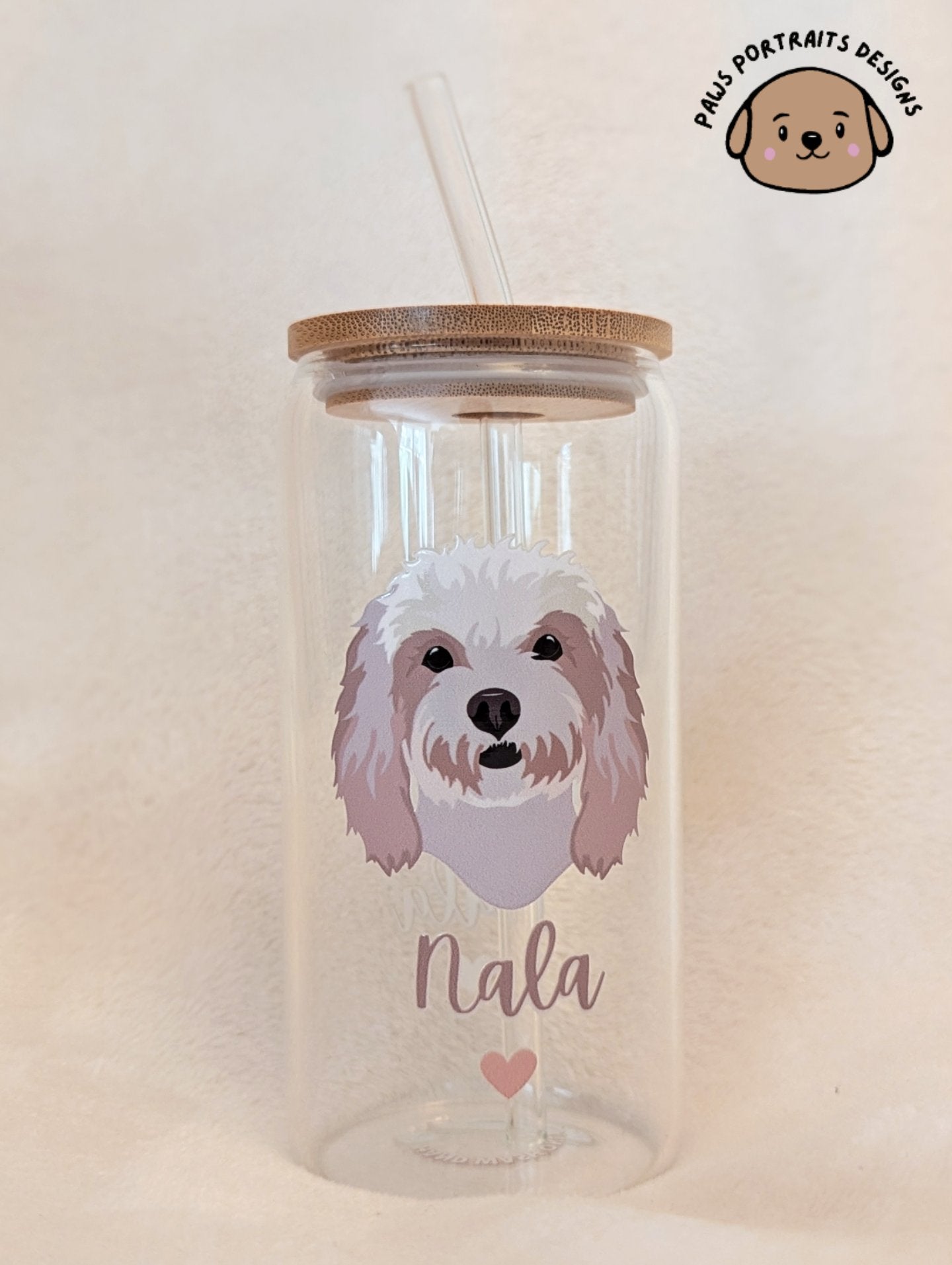 Personalised Glass Can Cup with Bamboo Lid & Straw Large Design