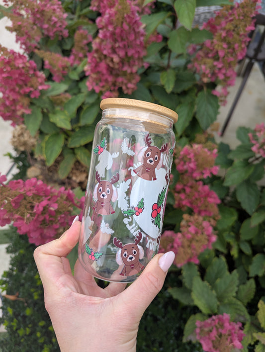 Personalised Reindeer Glass Can Cup with Bamboo Lid & Straw