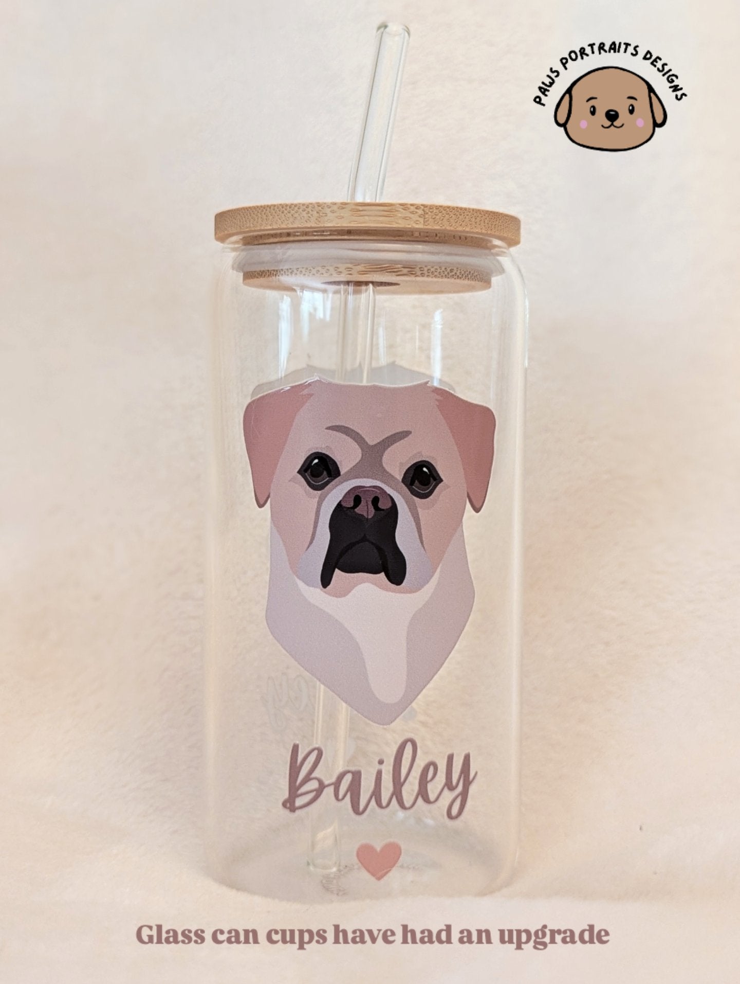 Personalised Glass Can Cup with Bamboo Lid & Straw Large Design