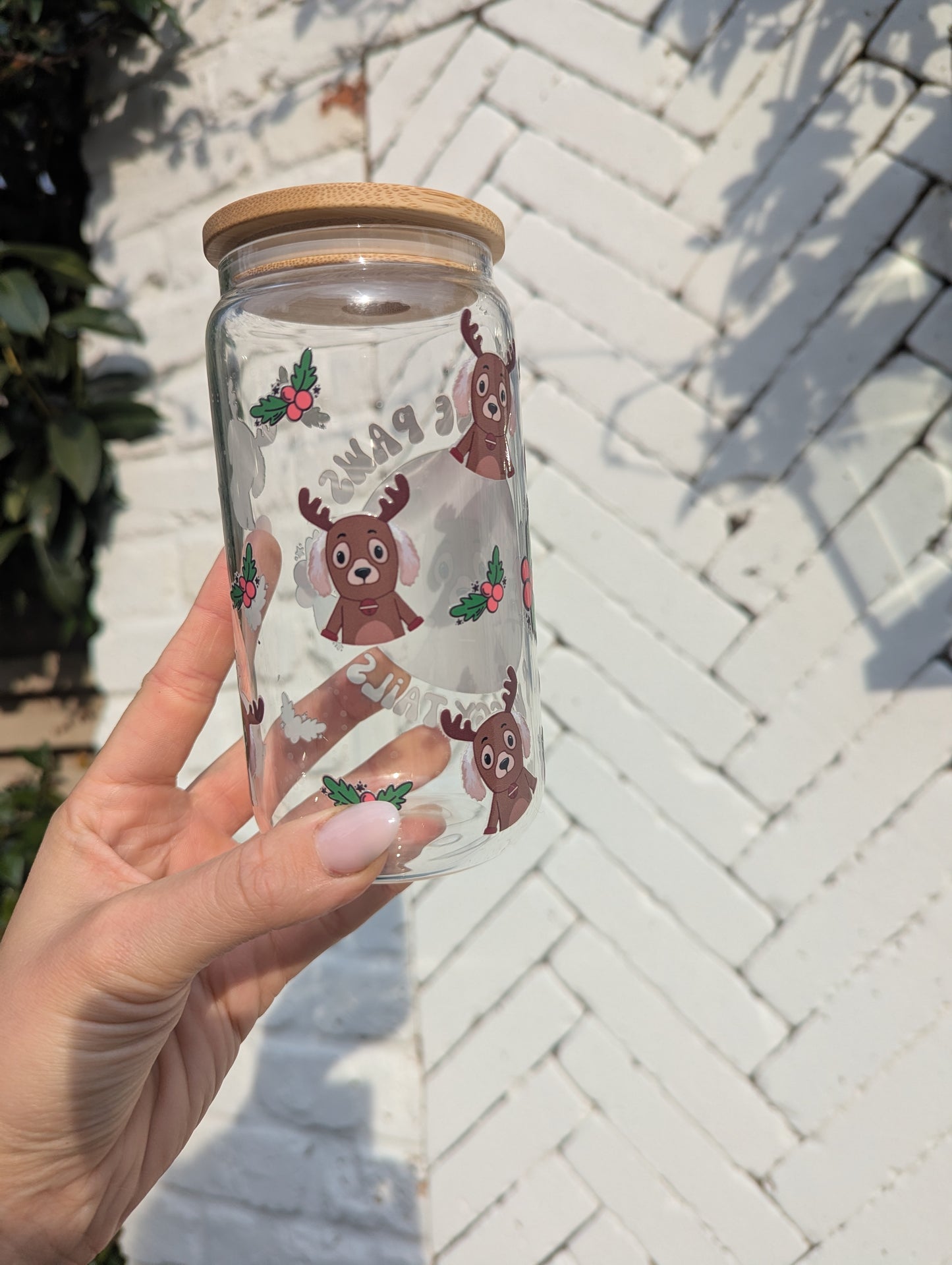 Personalised Reindeer Glass Can Cup with Bamboo Lid & Straw