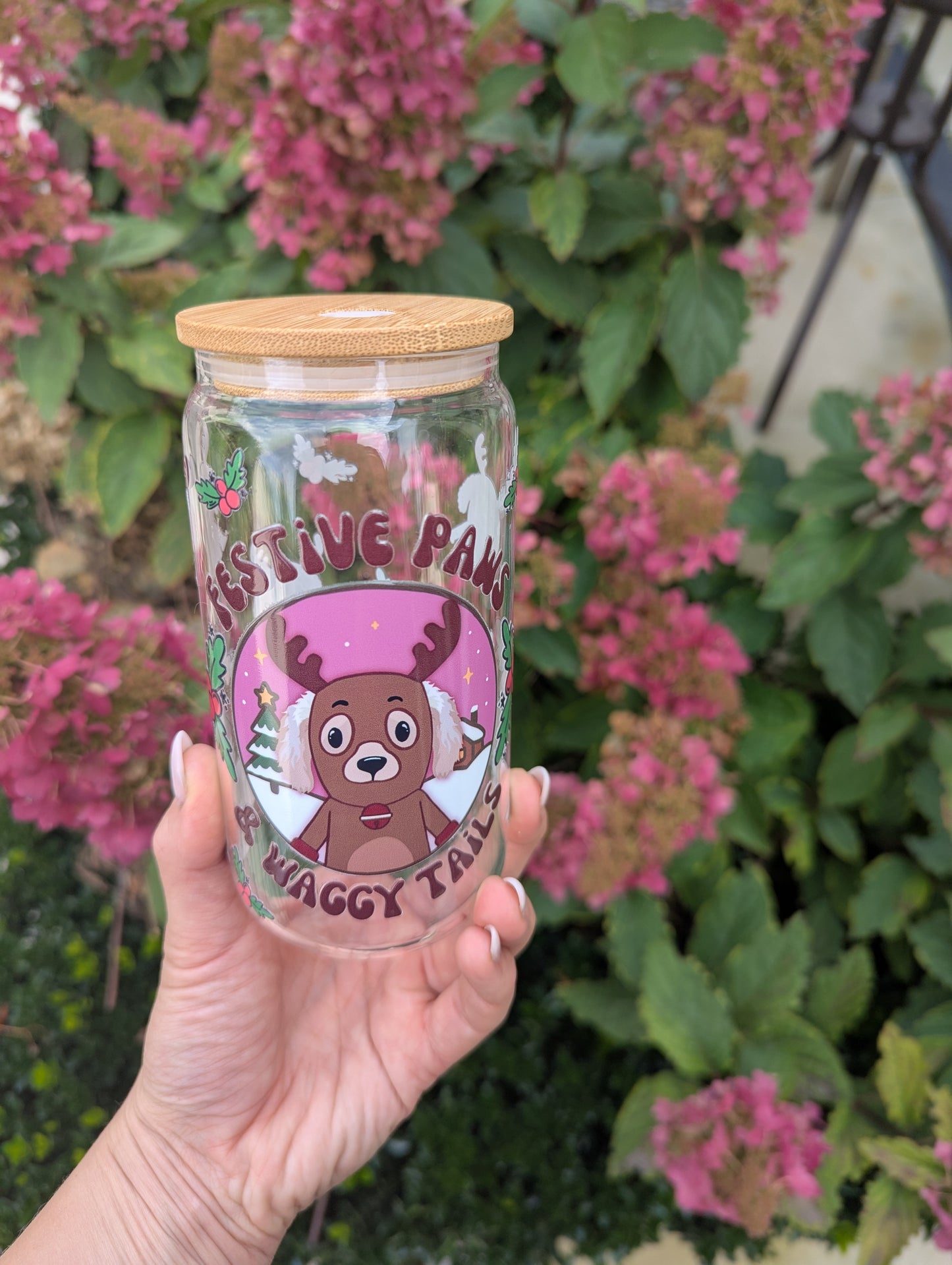 Personalised Reindeer Glass Can Cup with Bamboo Lid & Straw